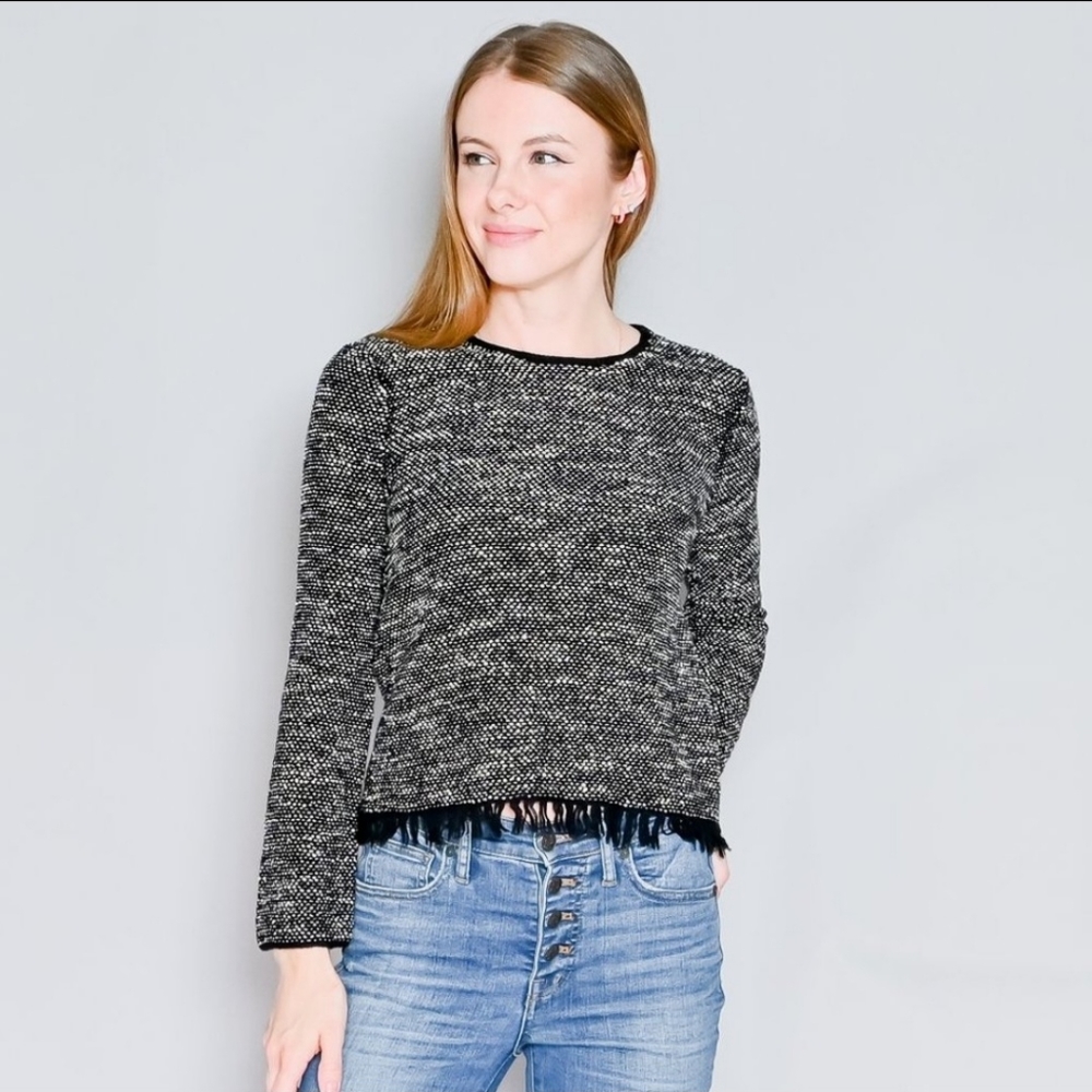 EUC Theory Wool Blend Black Mix Vendla Tweed Fringe Trim Sweater Top S Petite.